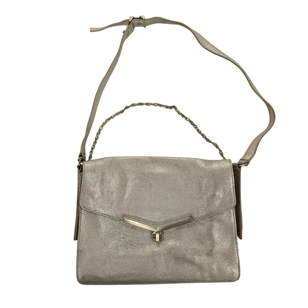 Botkier Metallic Champagne Leather Crossbody Bag‎ Chain Handle Turnlock Closure